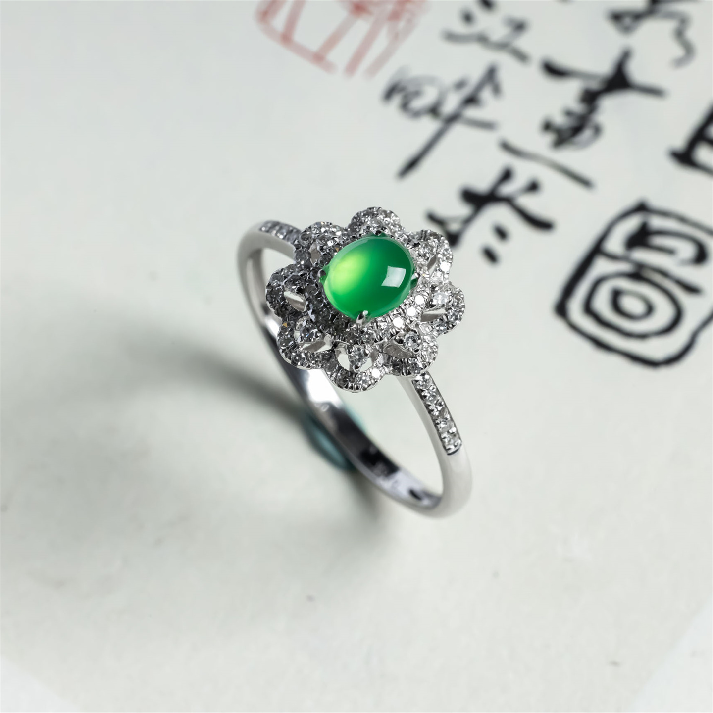 缅甸天然翡翠A货老坑晴绿戒指18K冰种冰绿时尚女款戒面戒指玉戒圈