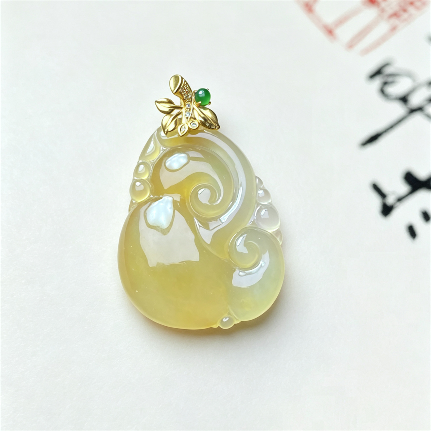 缅甸天然翡翠a货冰种黄翡鸡油黄吉祥如意吊坠18K冰透高档平安挂件