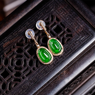 天然翡翠A货冰种满绿色福贝翡翠耳坠 18K金女款绿耳钉冰透耳环