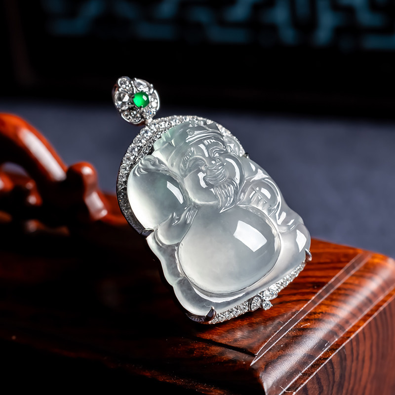 天然翡翠A货高冰种财神老坑冰透翡翠吊坠18K高档财神玉石翡翠挂件