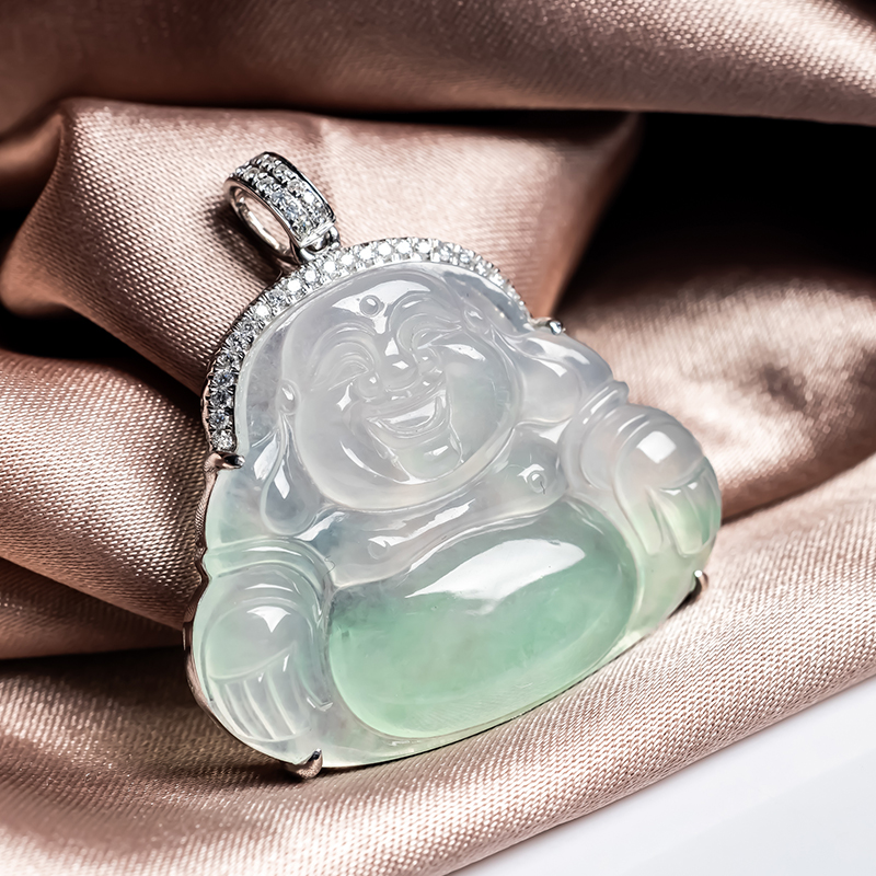 天然翡翠A货冰种甜阳绿弥勒佛翡翠吊坠缅甸玉石女款18K金冰佛挂件