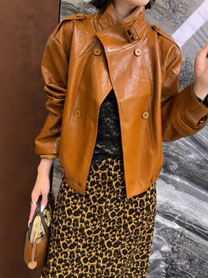 欧洲站2025早秋新款欧货时尚百搭显瘦高级感双排扣皮衣外套潮流女