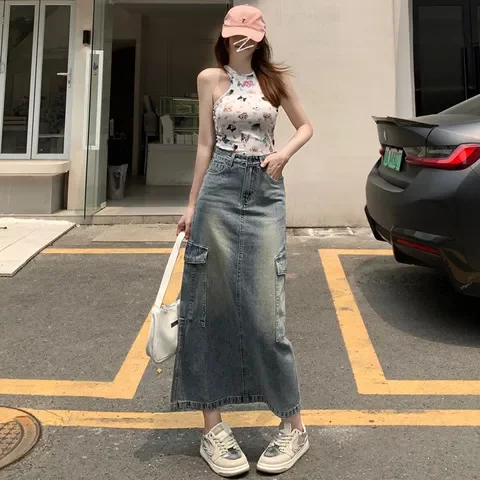 包臀裙高腰美式设计感新款工装中长款夏季复古牛仔裙半身裙女开叉