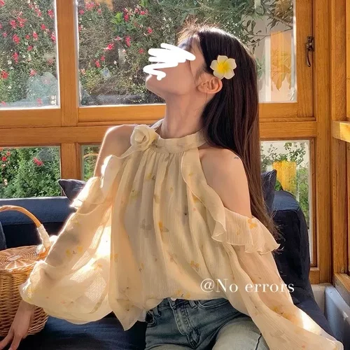 甜美法式立体花朵长袖雪纺衬衫女夏季宽松荷叶边露肩挂脖防晒上衣