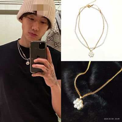 朴宰范同款珍珠花朵钛钢锆石项链