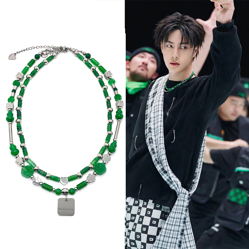 王一博同款绿色玉石葫芦梅花钛钢方块吊坠项链男女个性嘻哈街舞4