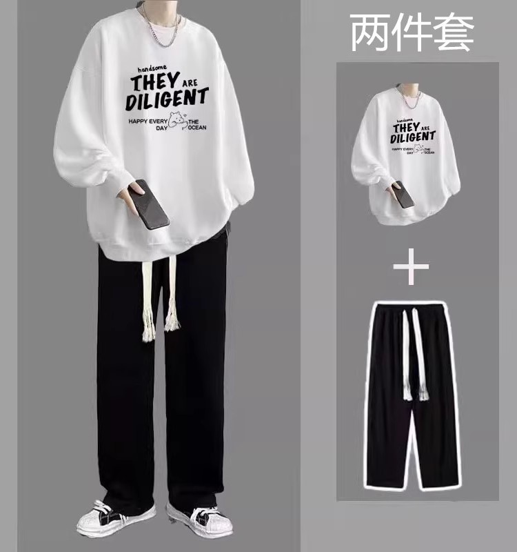 春秋款圆领卫衣套装男生帅气t恤搭配直筒裤ins潮流港风男装两件套