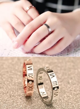 镶钻钛钢玫瑰金学生不掉色戒指