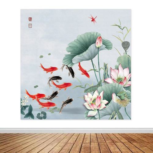 荷花自粘画荷塘贴画荷花风水画50-80贴墙画九鱼图锦鲤装饰画定制