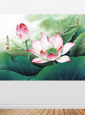 荷花自粘画50X80贴画卫生间装饰画荷花风水画50-80贴墙画海报定制