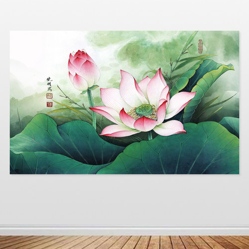 荷花自粘画50X80贴画卫生间装饰画荷花风水画50-80贴墙画海报定制