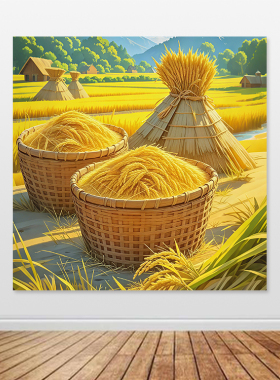 秋天丰收图自粘画金黄色丰收图五谷丰登招财聚财秋收图餐厅装饰画
