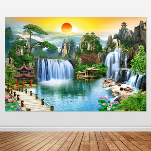 仙家堂口山水画仙堂自粘画蓬来仙境装饰神龛神台背景图佛道装饰画