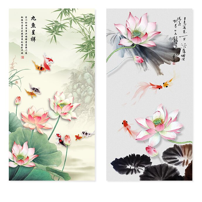 荷花自粘画九鱼图聚财图荷花入户玄关装饰画招财玻璃门贴画定制图片