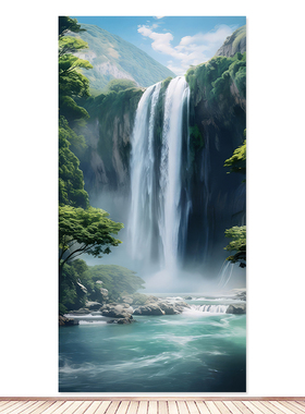 流水生财瀑布挂画玄关聚财财源滚滚山水画客厅招财风水卷轴装饰画