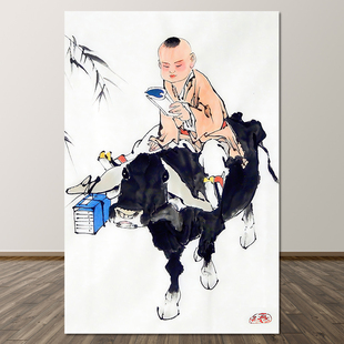 牧童看书挂画春牛图牧牛图童子骑牛挂画风水自粘画相纸竖版装饰画
