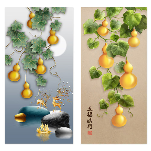 中式福禄葫芦装饰画客厅卧室挂画挂画金色葫芦自粘画五福临门定制