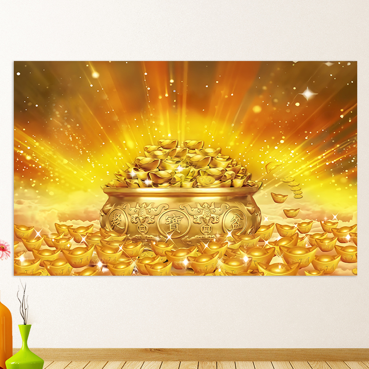 聚宝盆装饰画金元宝贴画墙画防水背胶办公室挂画背景墙画芯定制图片