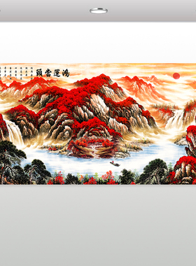 鸿运当头招财风水画背景墙装饰画红色山水画办公室流水生财挂贴画