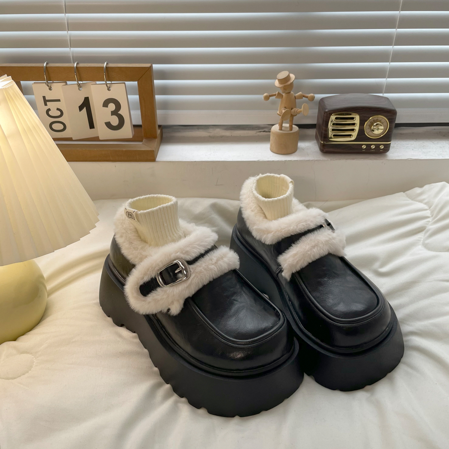 松糕厚底加绒乐福鞋棉鞋小皮鞋