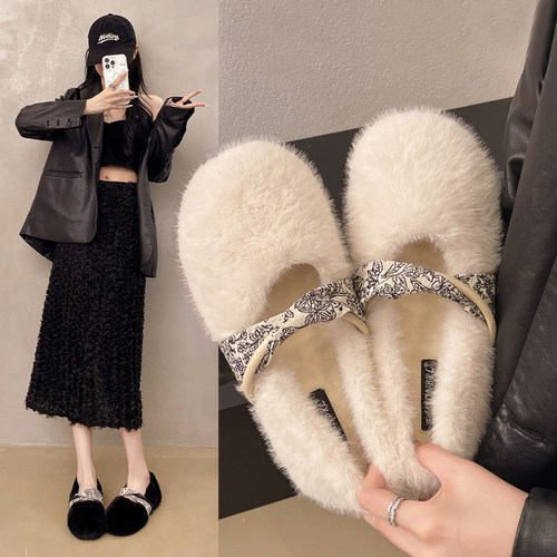 小众设计中式平底毛毛鞋豆豆棉鞋