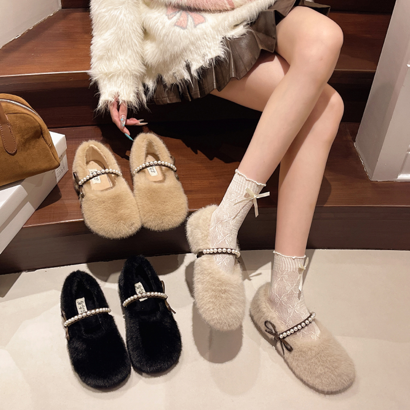 珍珠蝴蝶结玛丽珍棉鞋平底毛毛鞋