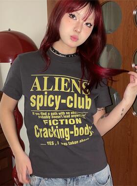 local aliens外星沙龙美式复古字母印花正肩短袖百搭修身短款t恤