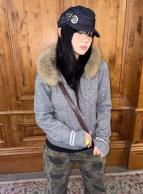 local aliens外星沙龙美式复古菱格毛领针织开衫百搭显瘦连帽毛衣