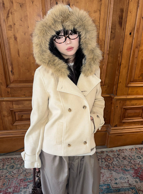 local aliens外星沙龙美式复古双排扣毛呢大衣韩系连帽毛领外套女