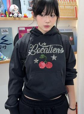 local aliens外星沙龙美式复古亮片樱桃连帽短款卫衣百搭休闲帽衫