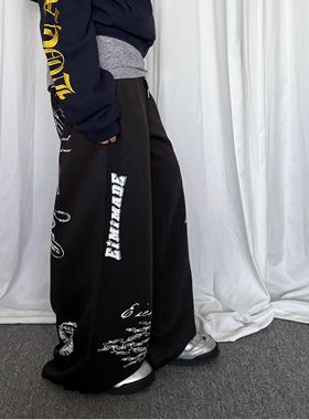 local aliens外星沙龙美式复古涂鸦印花卫裤街头宽松松紧腰长裤潮