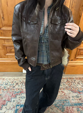 local aliens外星沙龙美式复古立领夹克短款外套痞帅做旧机车皮衣