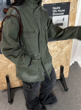 local aliens外星沙龙美式复古多口袋立领做旧中长款工装夹克外套