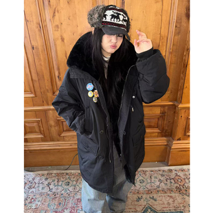 local aliens外星沙龙美式复古中长款加绒外套防风保暖棉服派克服