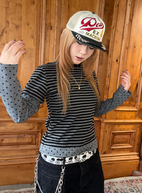local aliens外星沙龙美式复古波点条纹拼接假两件轻亚风长袖t恤