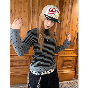 t恤 复古波点条纹拼接假两件轻亚风长袖 local aliens外星沙龙美式