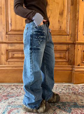 local aliens外星沙龙美式复古铆钉水洗闪电纹牛仔裤直筒低腰长裤