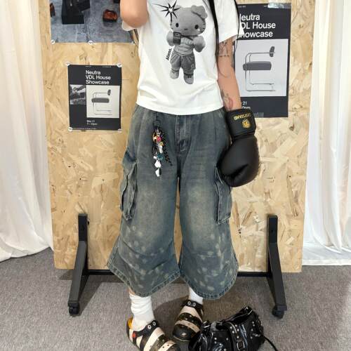 local aliens外星沙龙美式复古水洗七分牛仔裤廓形中性风休闲短裤