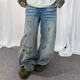 local 复古涂鸦印花牛仔裤 宽松休闲阔腿长裤 aliens外星沙龙美式