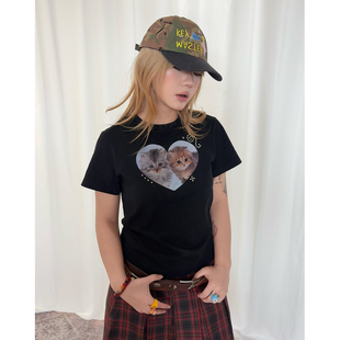 宽松圆领正肩t恤 复古爱心猫咪烫钉短袖 local aliens外星沙龙美式