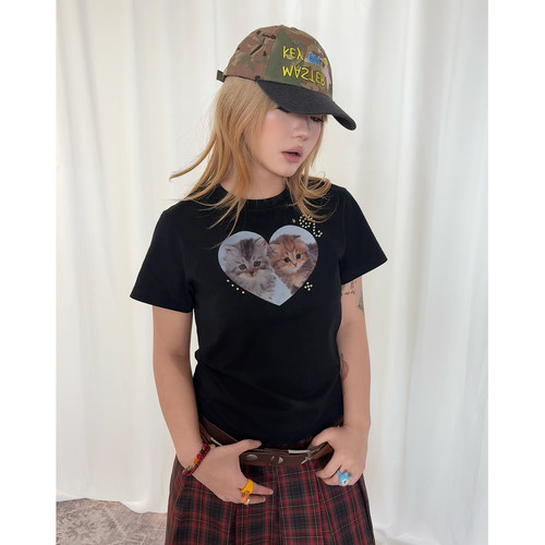 爱心猫咪烫钉圆领正肩t恤短袖