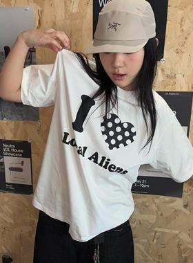 local aliens外星沙龙美式复古波点爱心印花短袖圆领宽松整肩半袖