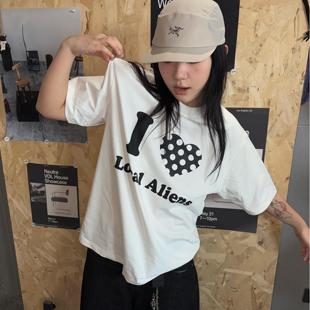圆领宽松整肩半袖 复古波点爱心印花短袖 aliens外星沙龙美式 local