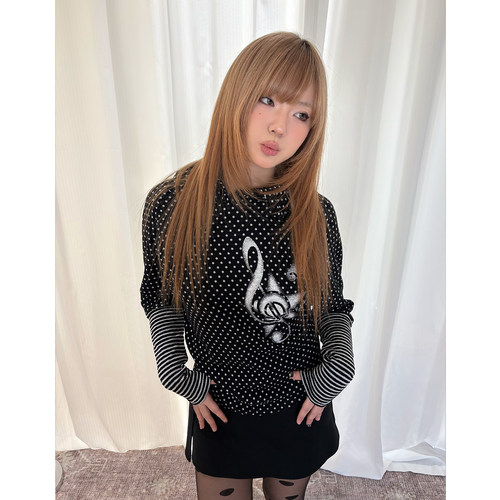 波点拼接条纹不规则长袖t恤上衣