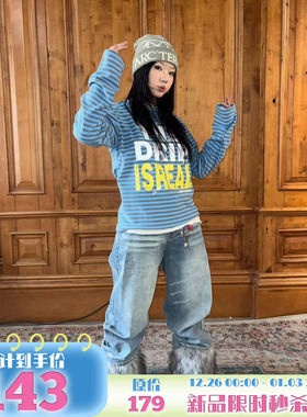 local aliens外星沙龙美式复古水洗猫咪纹阔腿牛仔裤百搭休闲长裤