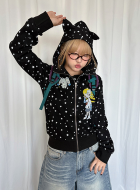 local aliens外星沙龙美式复古满印星星熊耳短外套轻亚风拉链卫衣