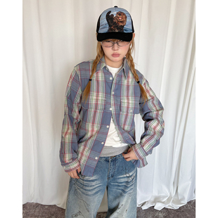 外套 复古蓝色格纹衬衣宽松休闲磨毛衬衫 local aliens外星沙龙美式