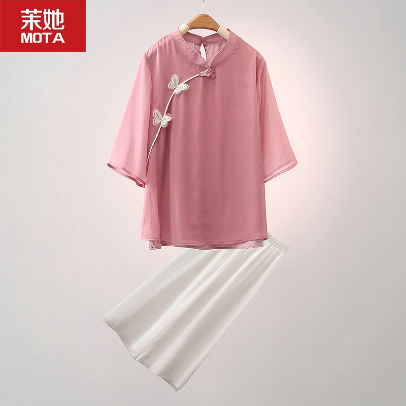 中老年女装夏装雪纺套装洋气大码短袖t恤50岁妈妈上衣气质两件套