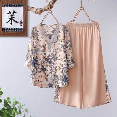 妈妈夏装时尚印花短袖T恤套装