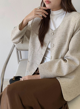 【半暮小香】歌铭新中式圆领小香风外套女秋季宽松复古上衣T6963F